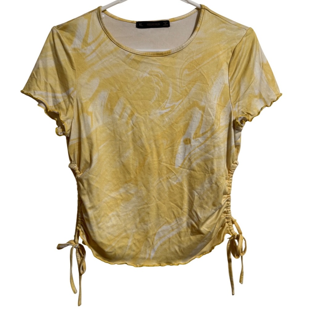 Hesperus Yellow Marble Print Cinched Side Cutout Lettuce Trim Top XL